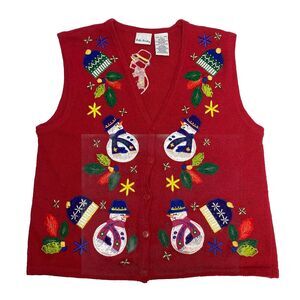 Christmas Sweater Vest Bobbie Brooks Red Ugly Large Snowmen Holiday Vintage